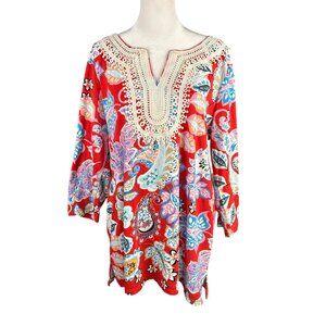 Talbots Plus Size X Red Paisley Tunic Crochet Lace Trim Top 3/4 Sleeve